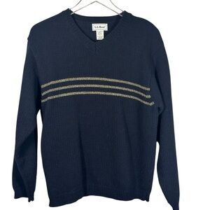 L.L.BEAN Vintage Small Navy Blue Academic V-Neck Stripe Wool Sweater